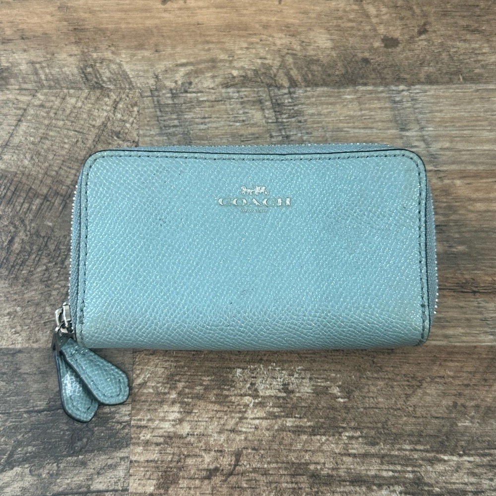 coach baby blue double zip coin purse